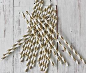 24 Gold Straws Metallic Shimmering Gold Paper Straws Striped Paper Drinking Straws - For your birthday party drink, cake pops, drink strirrers wedding or crafts