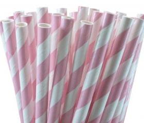24 light Pink Paper Straws Striped Paper Drinking Straws - For your birthday party drink, cake pops, drink strirrers wedding or crafts